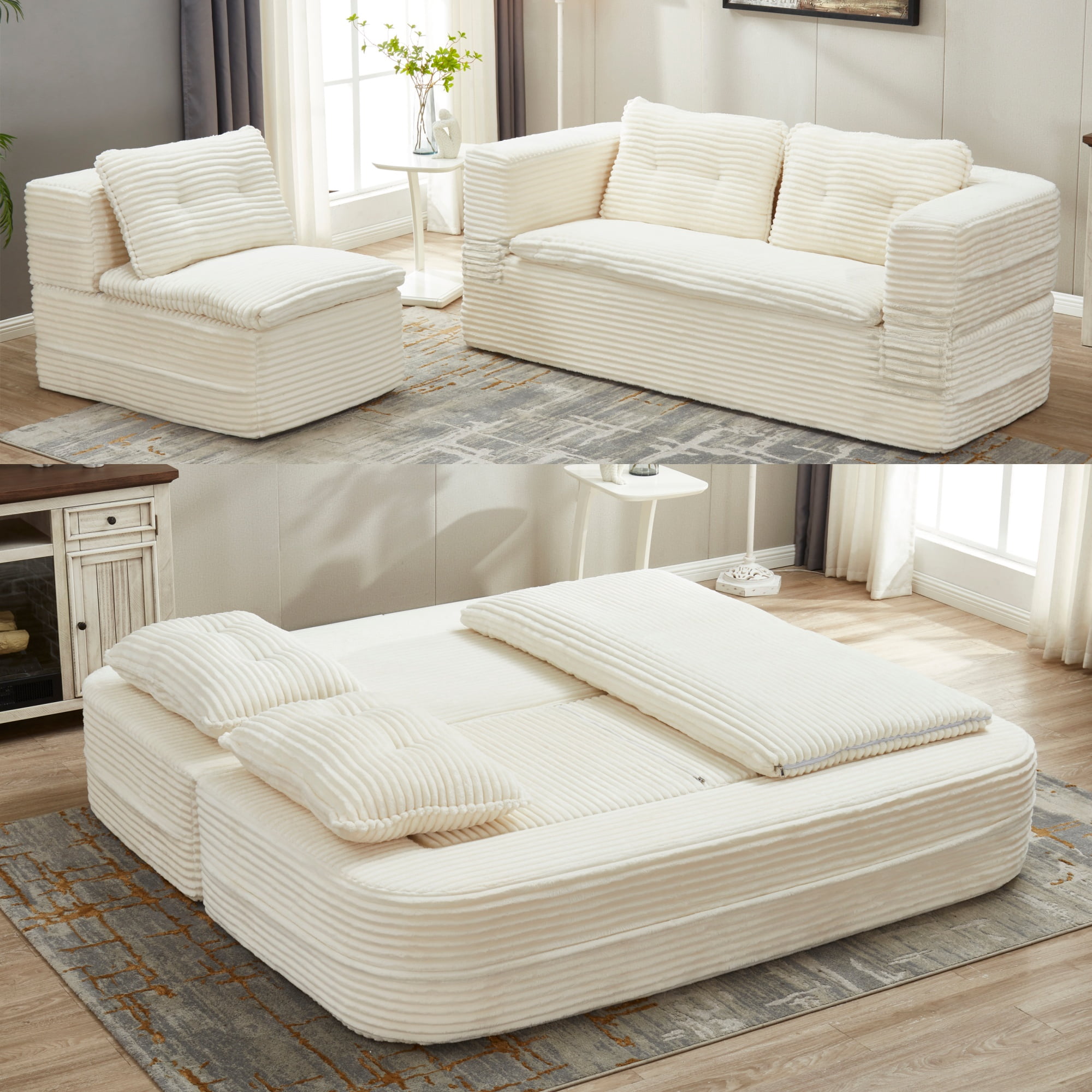 Anpport 80" King Size Convertible Sectional Sofa Bed, Plush Corduroy Deep Seat Couch with Chaise Lounge and Blanket, for Living Room Apartment, Beige