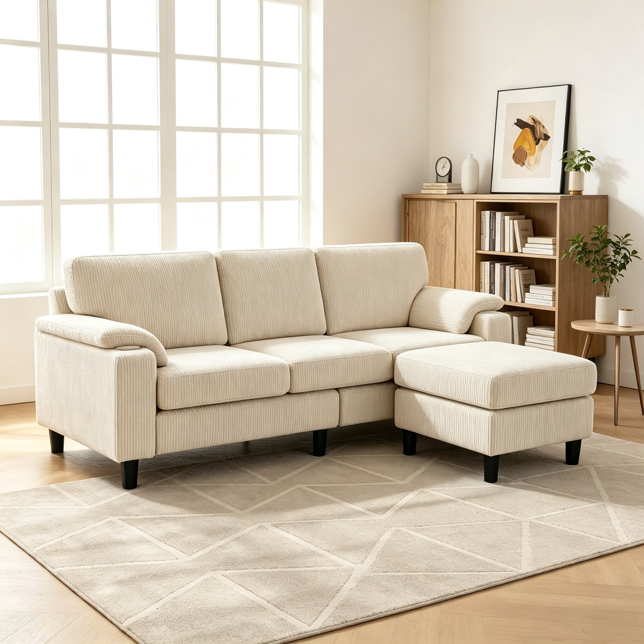 Anpport 80" L‑Shaped Corduroy Sectional Sofa, 3‑Seater Couch with Storage Ottoman, USB Port & Cup Holders for Small Spaces, Beige