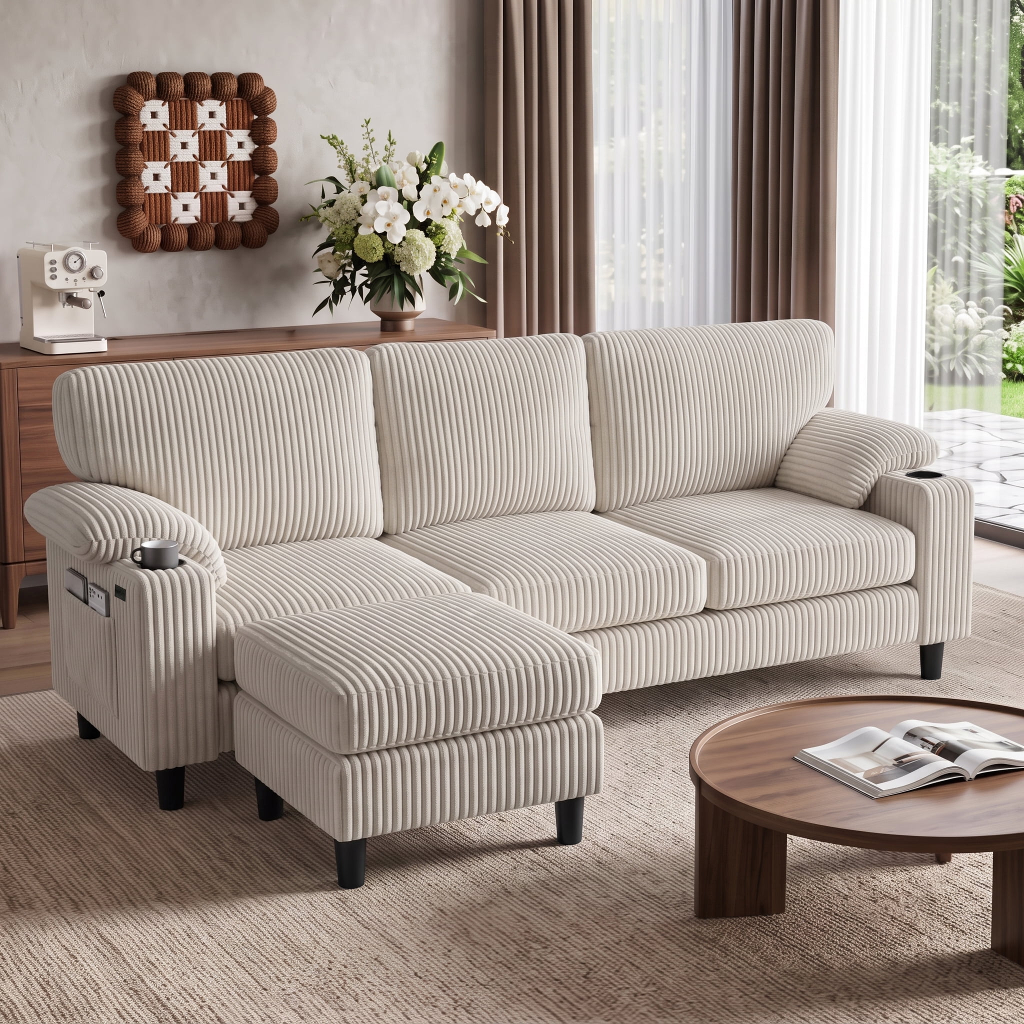 Anpport 80" L‑Shaped Corduroy Sectional Sofa, 3‑Seater Couch with Storage Ottoman, USB Port & Cup Holders for Small Spaces, Beige