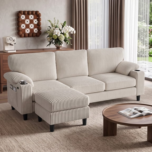 Anpport 80" LShaped Corduroy Sectional Sofa, 3Seater Couch with Storage Ottoman, USB Port & Cup Holders for Small Spaces, Beige