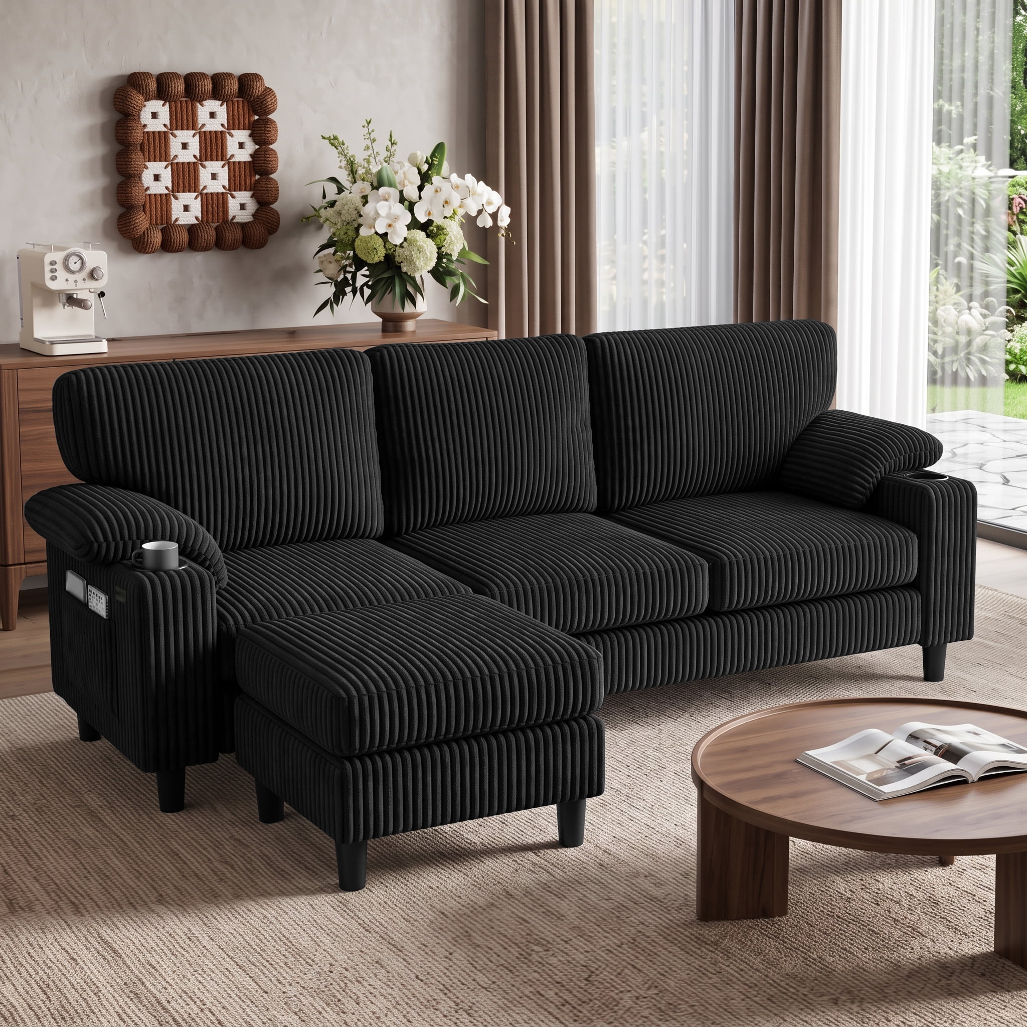 Anpport 80" L‑Shaped Corduroy Sectional Sofa, 3‑Seater Couch with Storage Ottoman, USB Port & Cup Holders for Small Spaces, Black