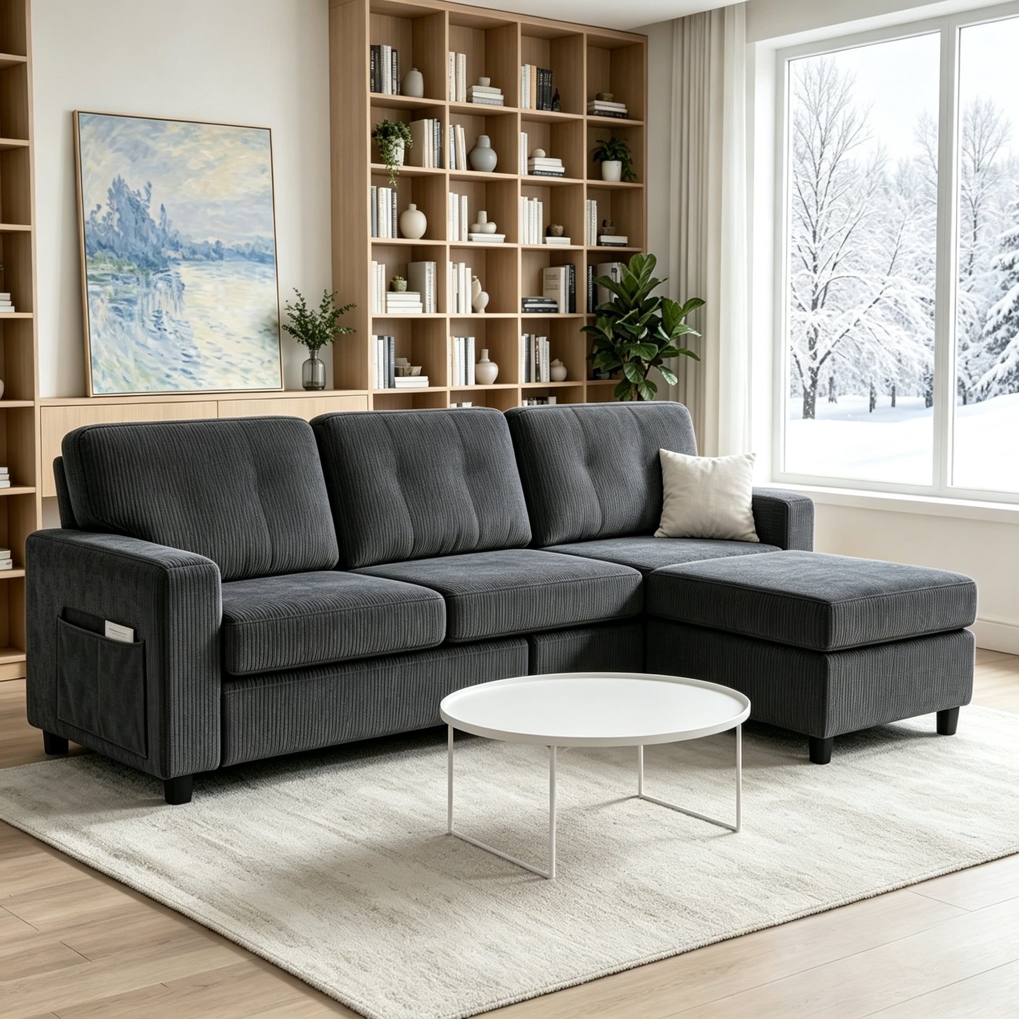 Anpport 80" L‑Shaped Corduroy Sectional Sofa, 3‑Seater Couch with Storage Ottoman, USB Port & Cup Holders for Small Spaces, Dark Gray