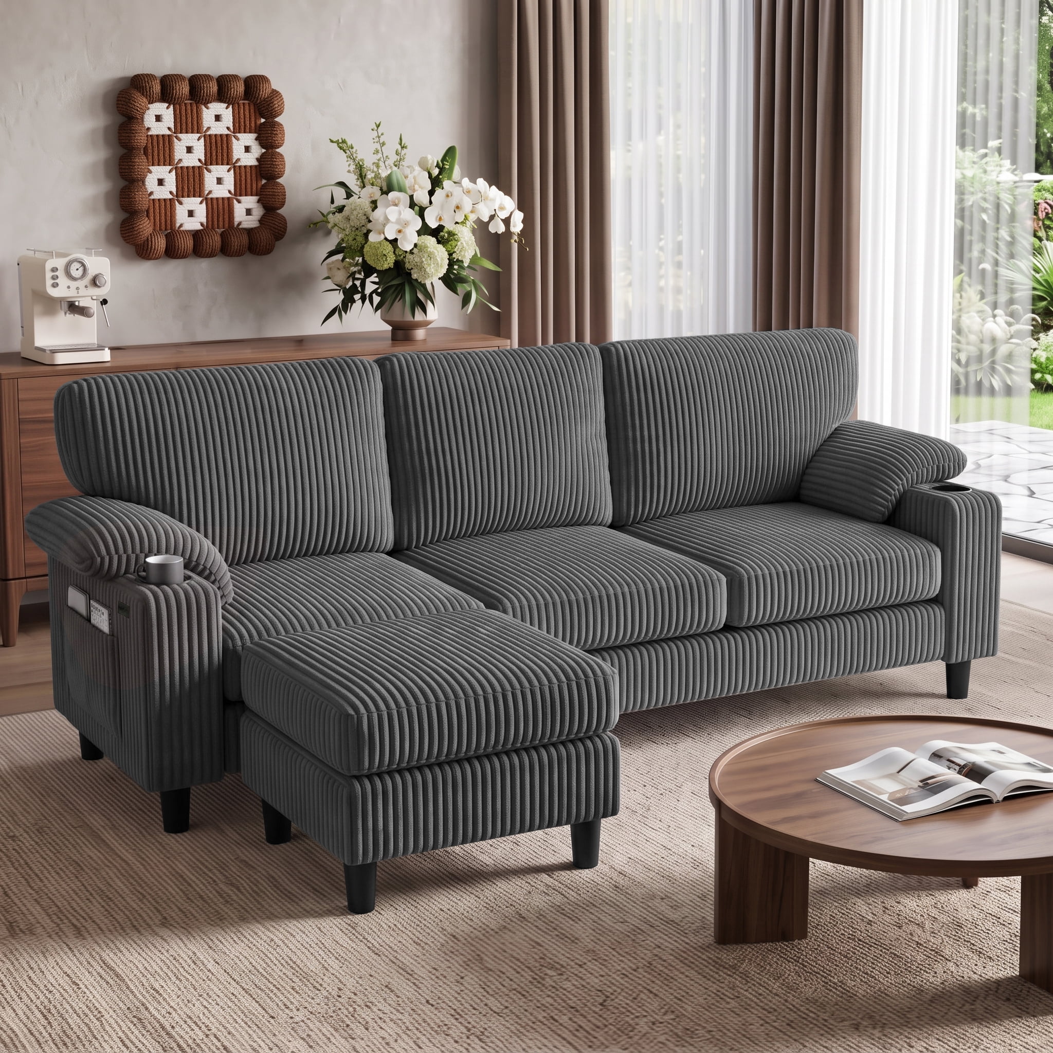 Anpport 80" L‑Shaped Corduroy Sectional Sofa, 3‑Seater Couch with Storage Ottoman, USB Port & Cup Holders for Small Spaces, Dark Gray