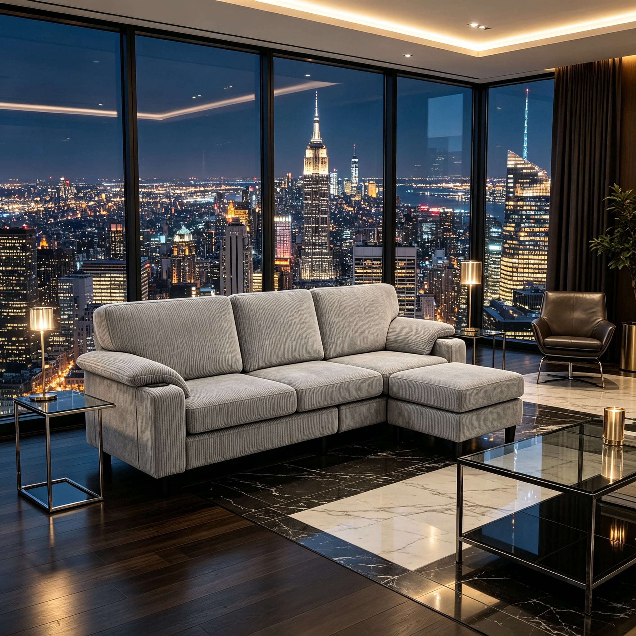 Anpport 80" L‑Shaped Corduroy Sectional Sofa, 3‑Seater Couch with Storage Ottoman, USB Port & Cup Holders for Small Spaces, Light Gray