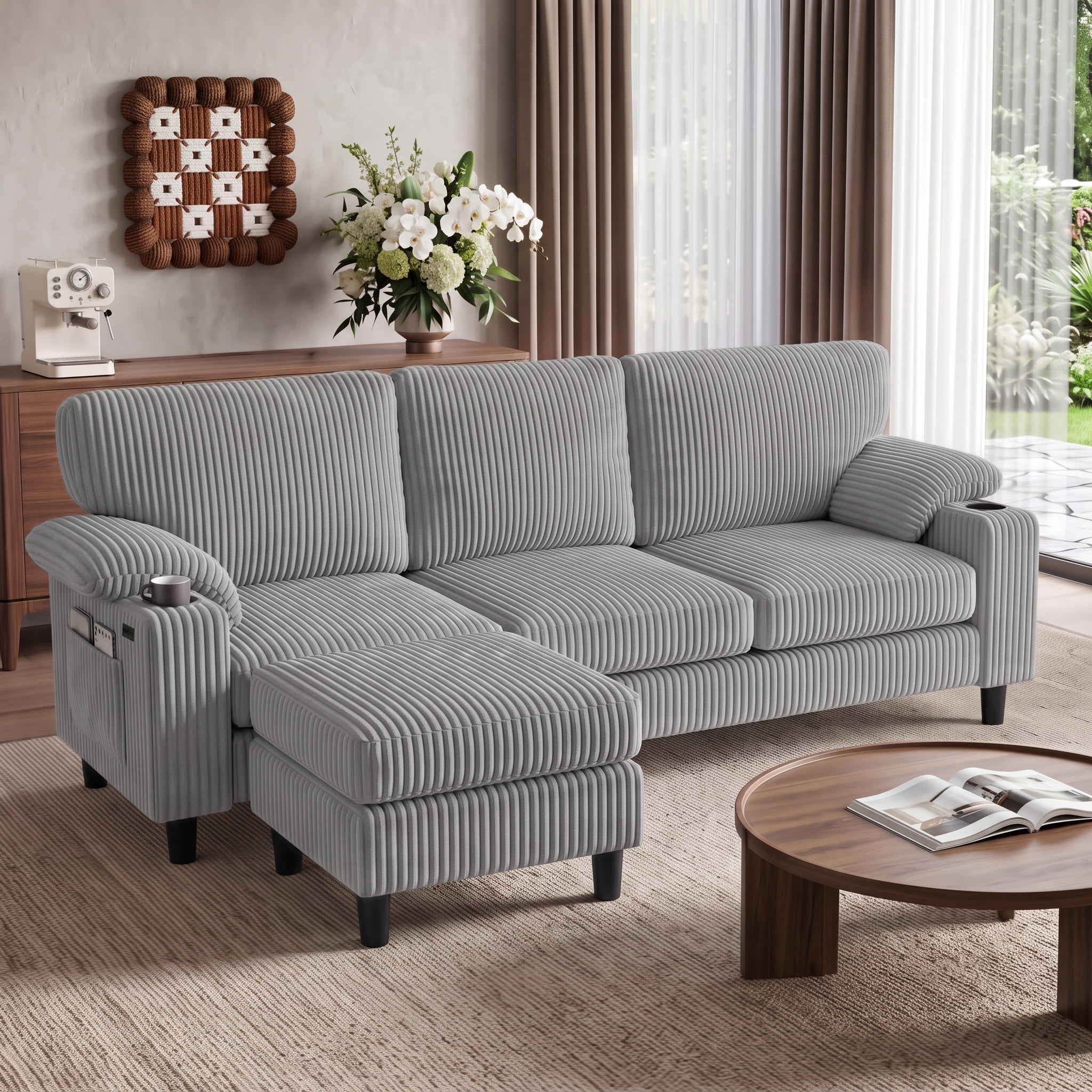 Anpport 80" L‑Shaped Corduroy Sectional Sofa, 3‑Seater Couch with Storage Ottoman, USB Port & Cup Holders for Small Spaces, Light Gray