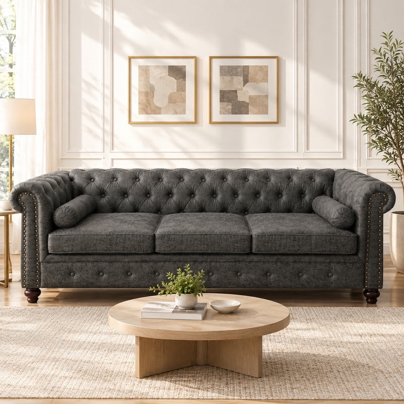 Anpport 81" Rolled Arm Chesterfield Sofa, Faux Leather 3 Seater Couch, Button Tufted, Nailhead Trim & Solid Wood Legs for Living Room & Office, Dark Grey