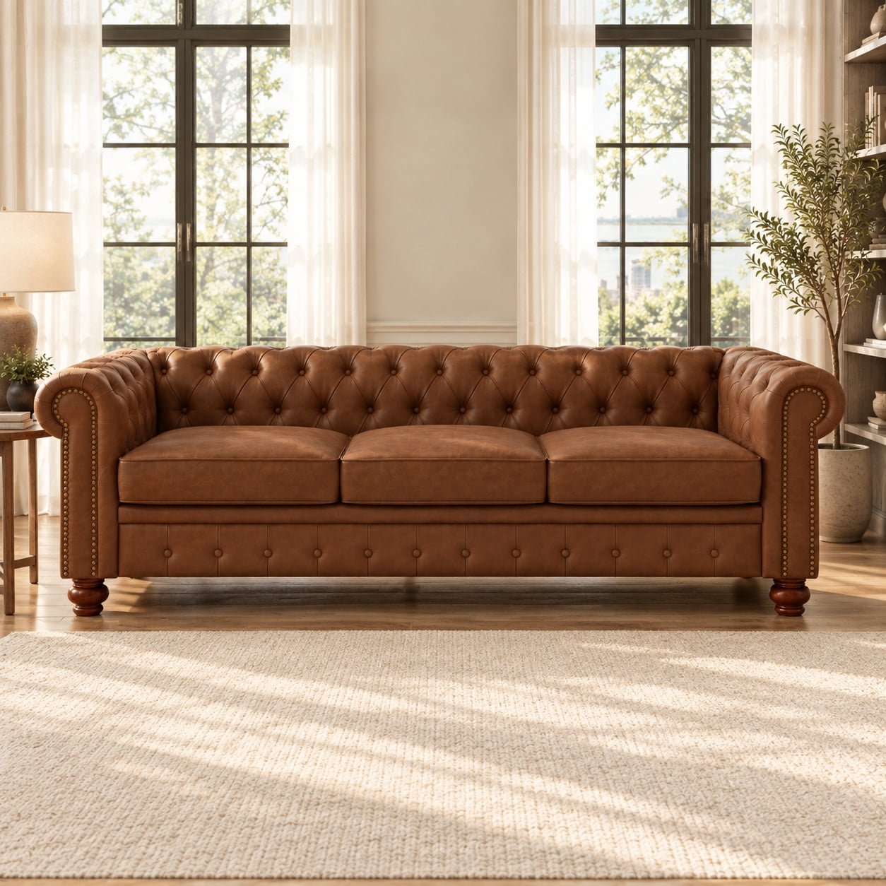 Anpport 81" Rolled Arm Chesterfield Sofa, Faux Leather 3 Seater Couch, Button Tufted, Nailhead Trim & Solid Wood Legs for Living Room & Office, Brown