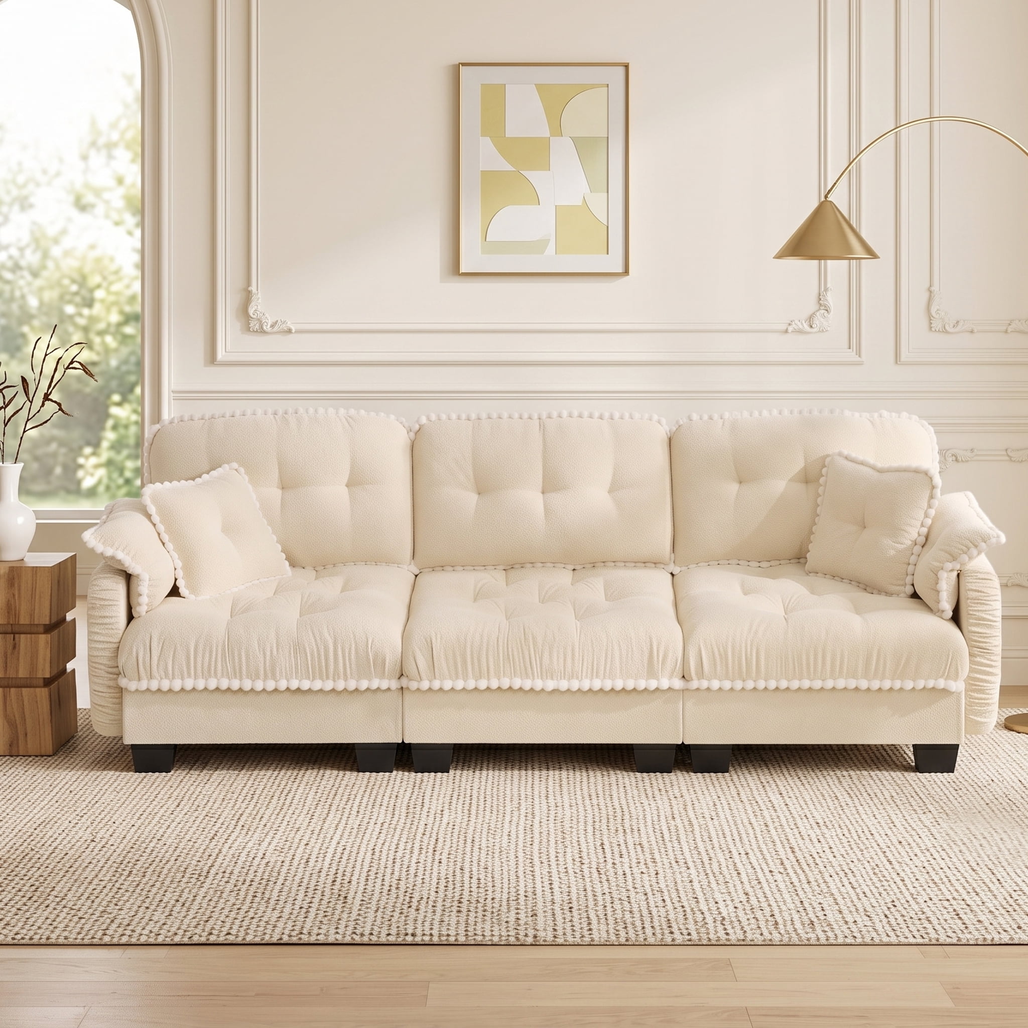 Anpport Modern Aesthetic Cream 3-Seater Chenille Sofa, Quilted Tufted Couch with Pom-Pom Trim, Includes 4 Throw Pillows for Small Space, Apartment, Office & Living Room