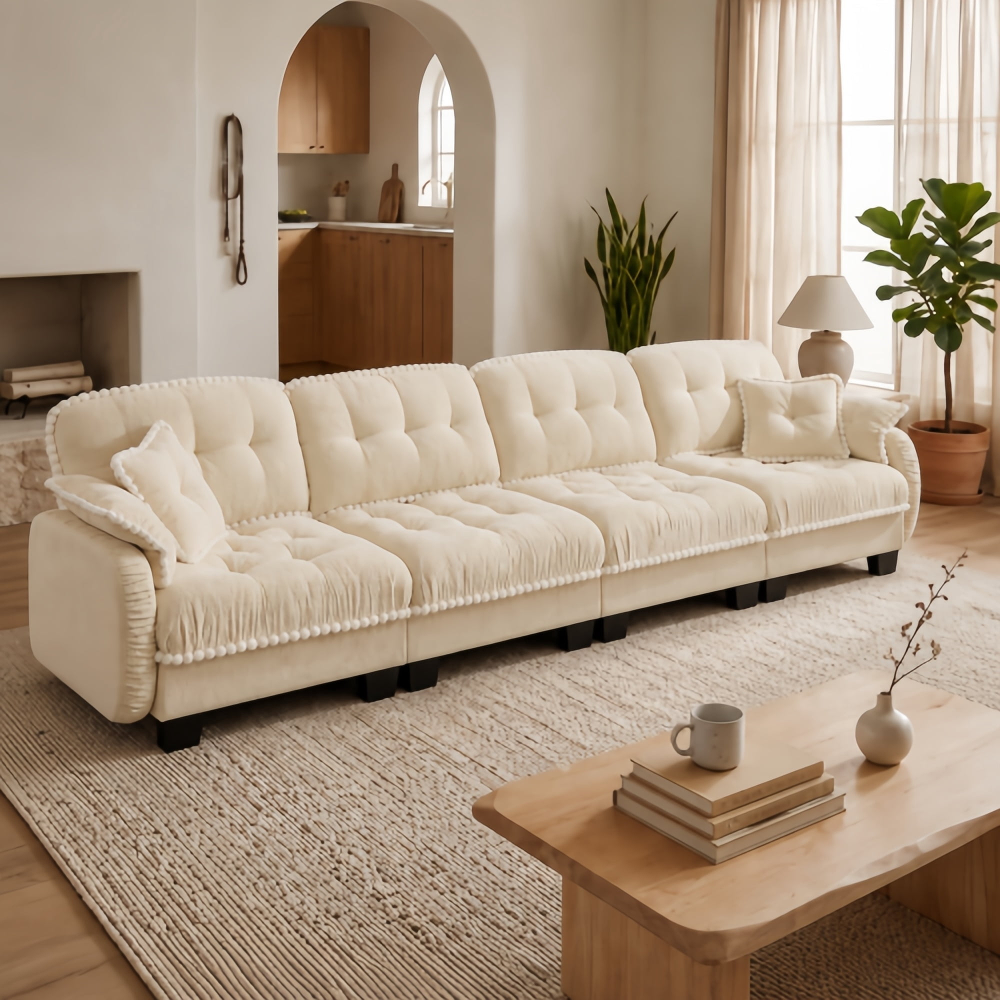 Anpport Modern Aesthetic Cream 4-Seater Sofa, Quilted Tufted Couch with Pom-Pom Trim, Includes 4 Throw Pillows for Apartment, Office & Living Room