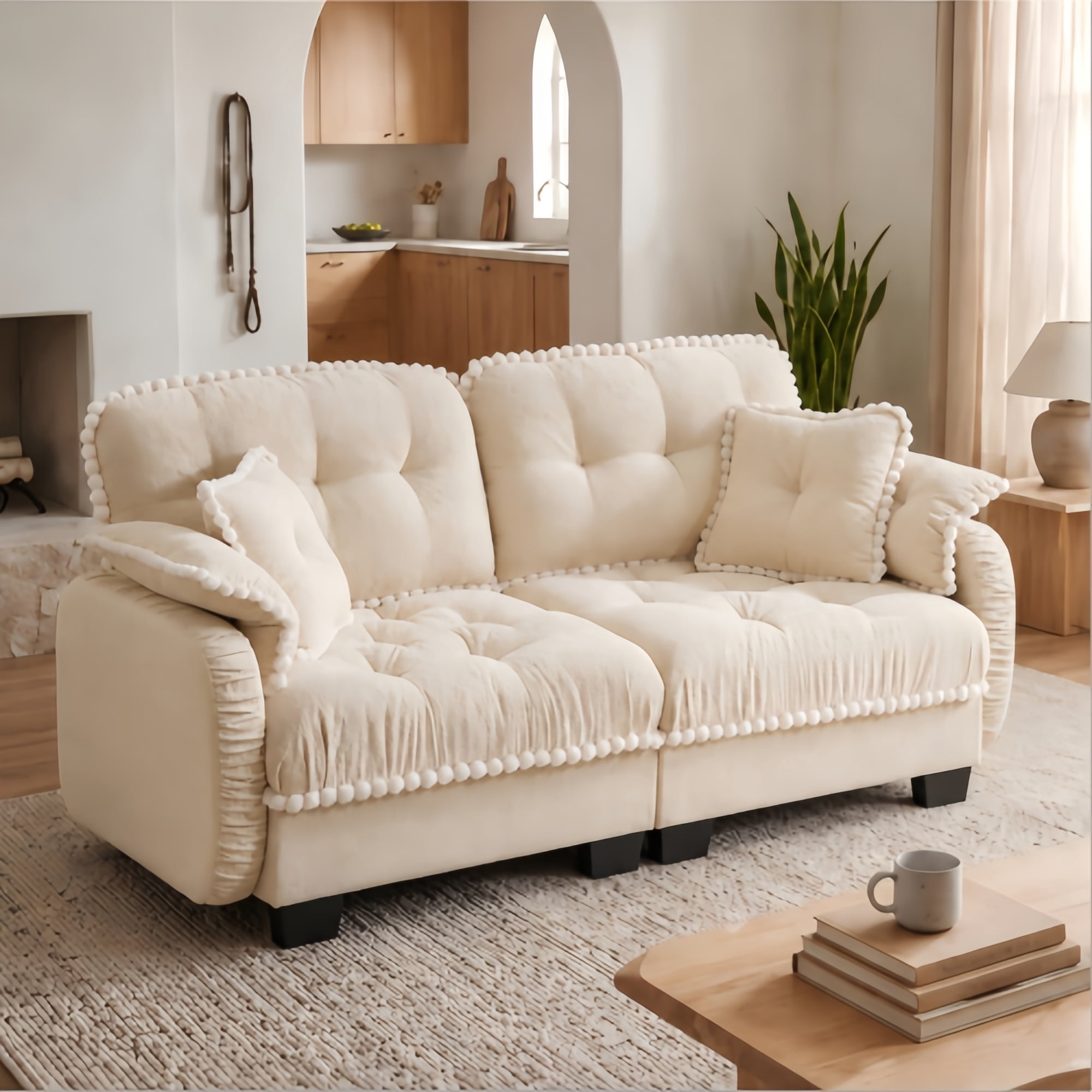 Anpport Modern Aesthetic Cream 2-Seater Sofa, Quilted Tufted Couch with Pom-Pom Trim, Includes 4 Throw Pillows for Small Space, Apartment, Office & Living Room