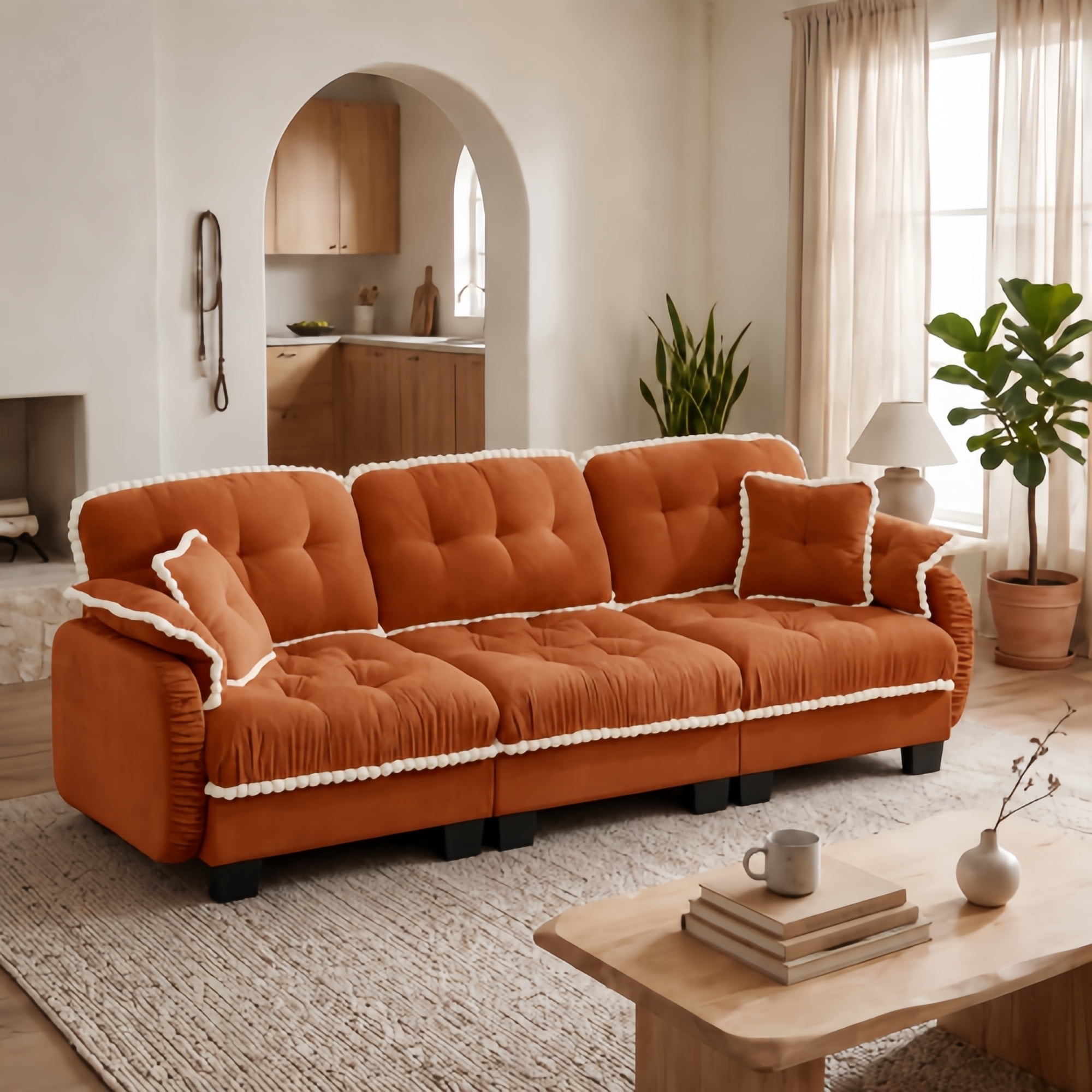 Anpport Modern Aesthetic Orange 3-Seater Chenille Sofa, Quilted Tufted Couch with Pom-Pom Trim, Includes 4 Throw Pillows for Small Space, Apartment, Office & Living Room