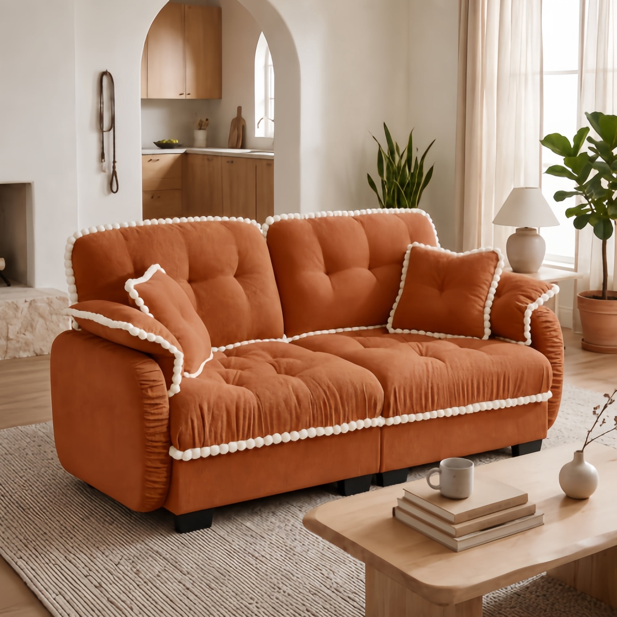 Anpport Modern Aesthetic Orange 2-Seater Sofa, Quilted Tufted Couch with Pom-Pom Trim, Includes 4 Throw Pillows for Small Space, Apartment, Office & Living Room