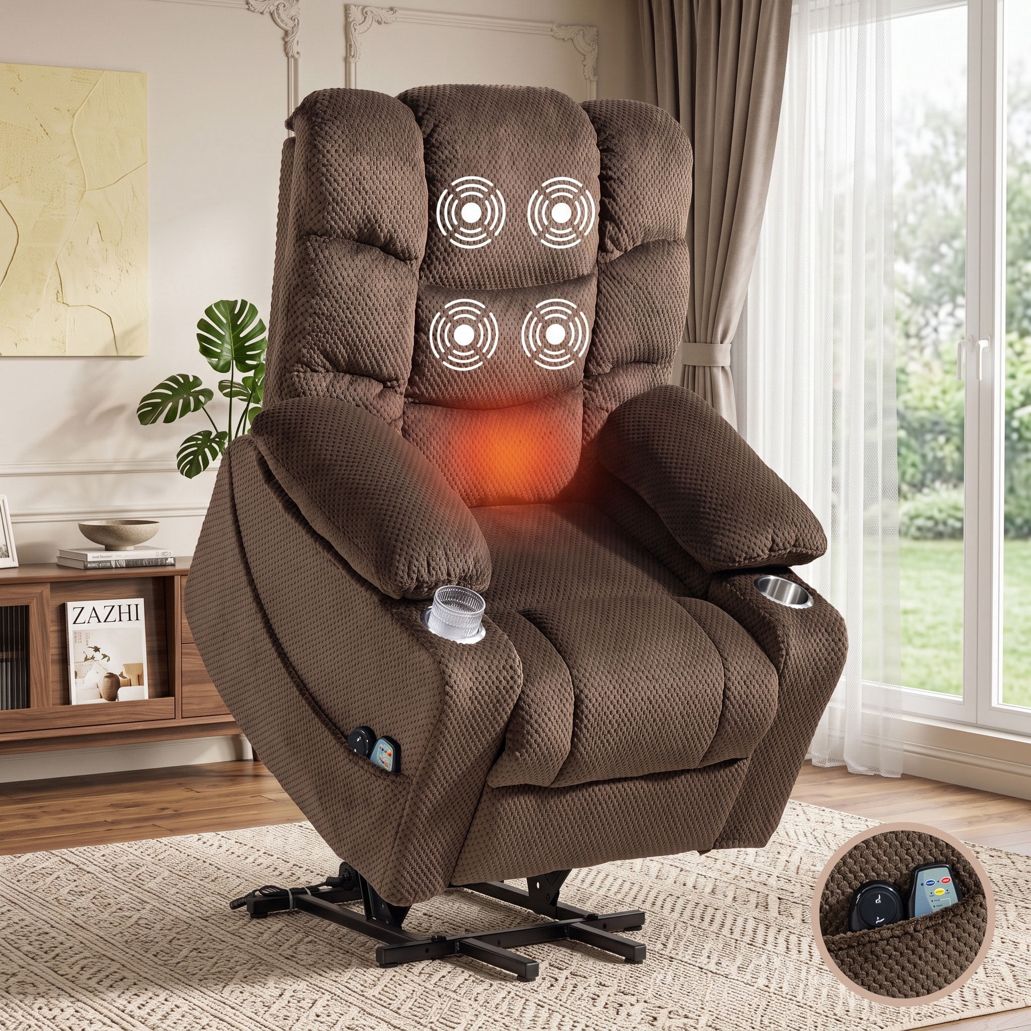 Anpport Ultra‑Wide Power Lift Recliner Chair, Velvet Rotating Electric Recliner with Massage Heating Function, Metal Cup Holder & Side Storage, for Living Room, Bedroom, Office, Brown