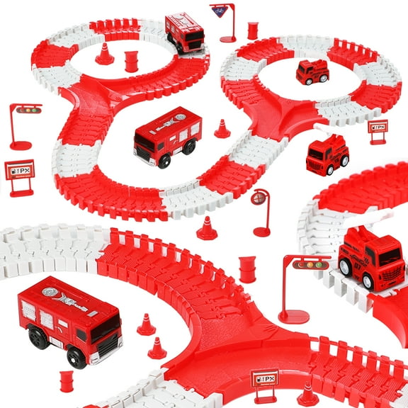 Anpro 152PCS Toy Race Car Track Set for Kids, Flexible Track Playset with 2 Fire Rescue Car for Age 3+ Boys Girls - Firefighting Theme, Red