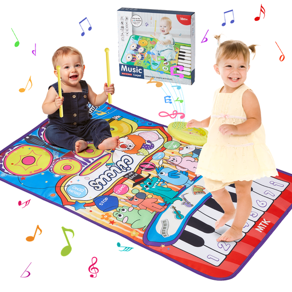 Anpro 4 in 1 Musical Mat for Toddlers, Piano Keyboard & Drum Mat Toy with 2 Drum Sticks, Musical Sensory Play Mat Toddler Toys for 1+ Boy Girl for Birthday Christmas