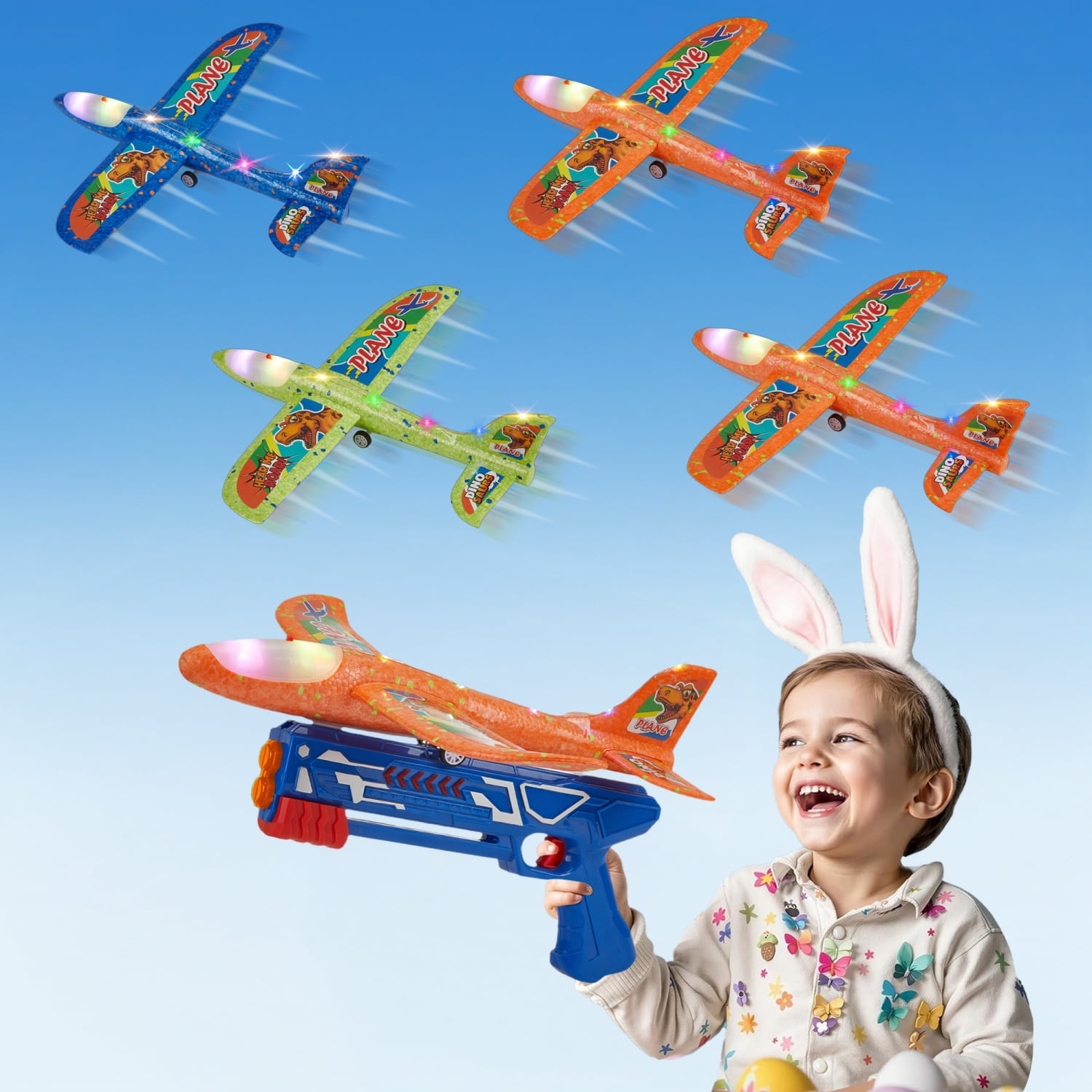 Anpro 4 Pack Airplane Launcher Toy for Kids, Foam Glider LED Light Airplane with 3 Dinosaur Stickers, 2 Flight Modes, Outdoor Flying Toys Gifts for 4+ Year Old Boys Girls