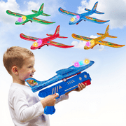 Anpro 4 Pack Airplane Launcher Toy Set for Kids, Foam Gliders Airplane with LED Lights and Dinosaur Stickers, Catapult Plane Toy, Outdoor Flying Toys Gifts for 3-12 Years Old Boys
