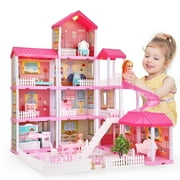 Anpro 4 Stories 11 Room Dollhouse for Girls, 33.46''H Princess Dollhouse with Furniture & Asseccories for Ages 3+, ABS Plastic, Pink