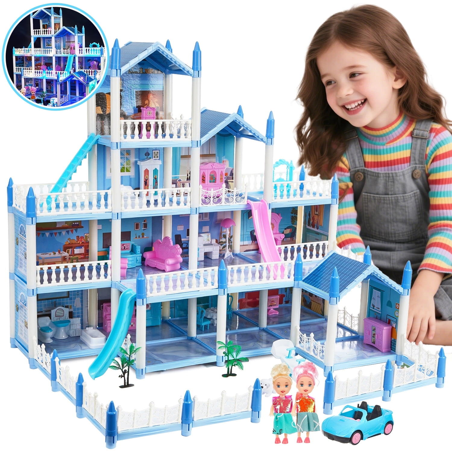 Anpro 4 Stories 14 Rooms Dollhouse for Kids, Princess Dollhouse with Asseccories & Furniture, Pretend Doll House Play Set Toy Age 3+ Toddlers Girls, Blue