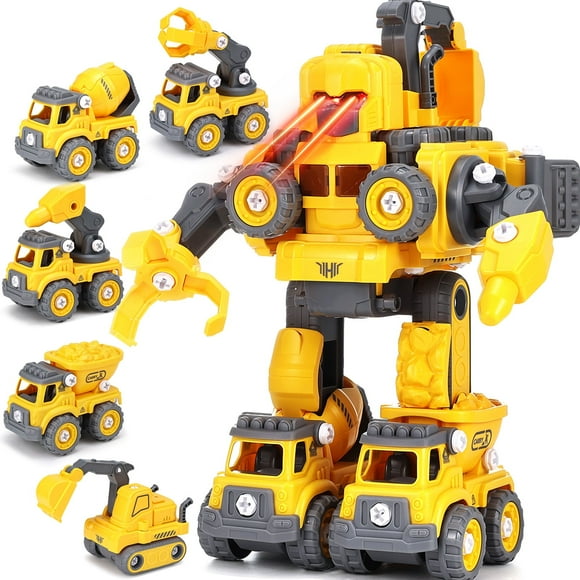 Anpro 5 in 1 Robot Construction Vehicles Set Toy for Toddler, Construction Vehicles Transform Robots Toys with Light for Kids, Assemble Building Trucks DIY Toy for Boys Girl 3+ Year