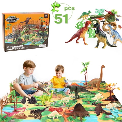 Anpro 50 Pzas Dinosaur Juguetes para Niños, Set de Juego de Dinosaur con Tapete de Juego de Actividad, Figuras de Dinosaur, Árboles, Rocas, Juguetes Educativos de Dinosaur Regalo para Niños y Niñas Pequeños de 3+