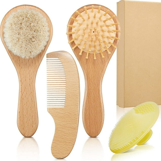 Anpro Baby Hairbrush and Comb Set, Newborn Infant Grooming Kit Wooden