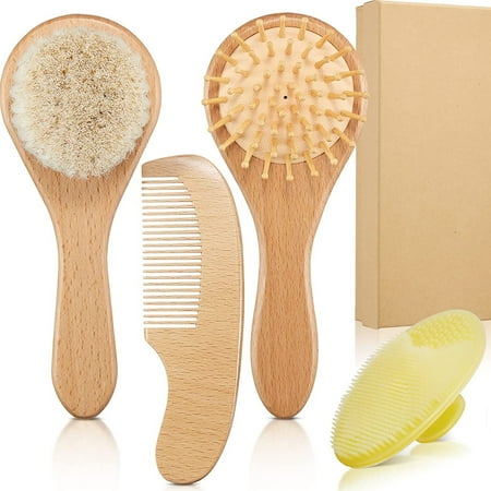 Anpro Baby Hairbrush and Comb Set, Newborn Infant Grooming Kit Wooden Baby Hair Brush with Soft Goat Bristles for Newborn