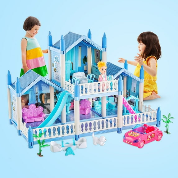 Anpro Blue Dollhouse Pretend Play Set for Kid, Big Villa Princess Castle, 5 Rooms Dollhouse with Doll Toy Figure for Age 3+ Boys and Girls Play House Gift Toys and Christmas