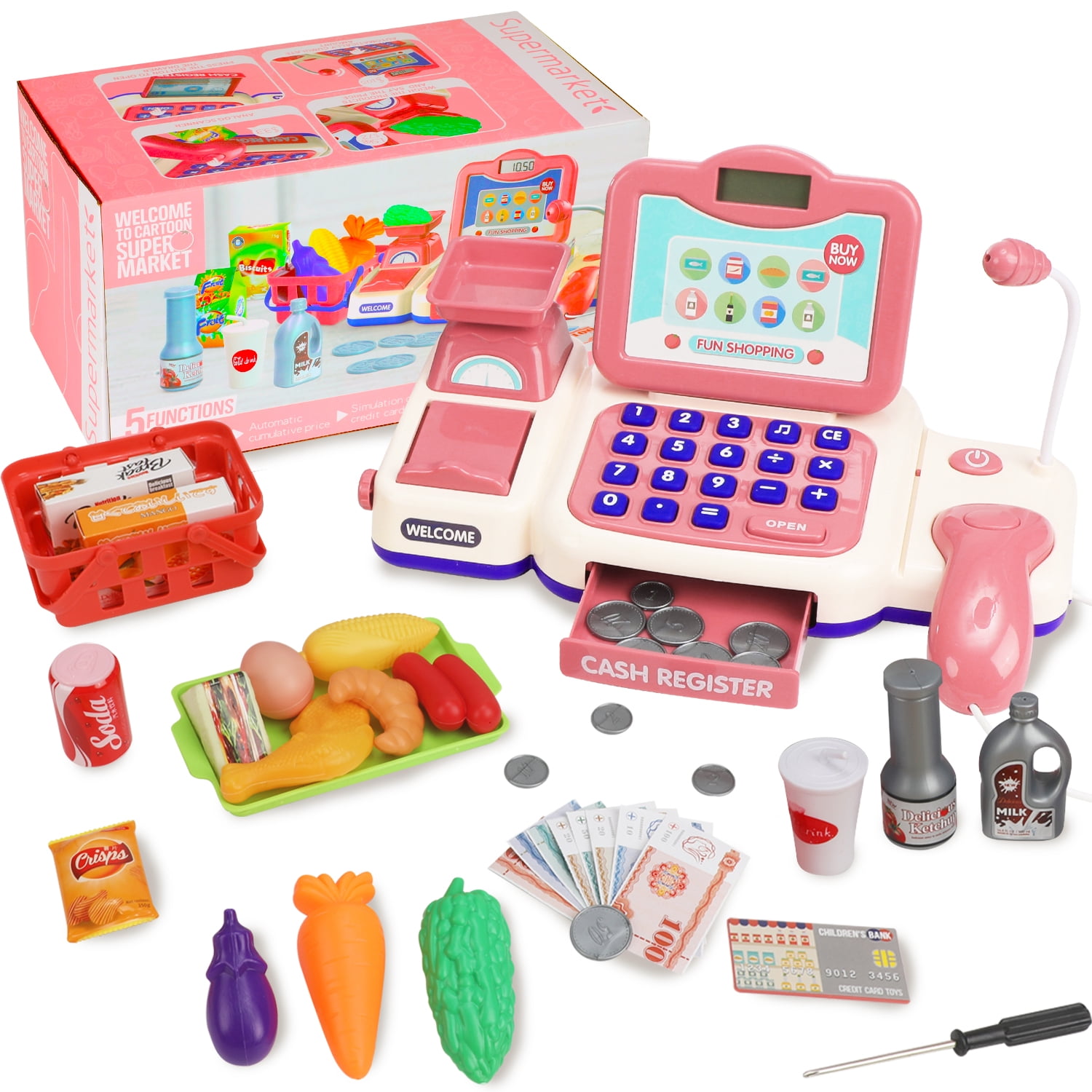 Anpro Cash Register Toys for Kids, 43PCS Pretend Play Register Kids Cashier with Sound, Microphone, Scanner, Pretend Credit Card, Play Food for Toddler Girls Boys Gifts Age 3+, Pink