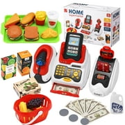 Anpro Cash Register Toys for Kids - Kids Cashier with Checkout Scanner, Fruit Card Reader, Credit Card Machine, Role Play Shopping Cashier Playset for Toddler Girls Boys