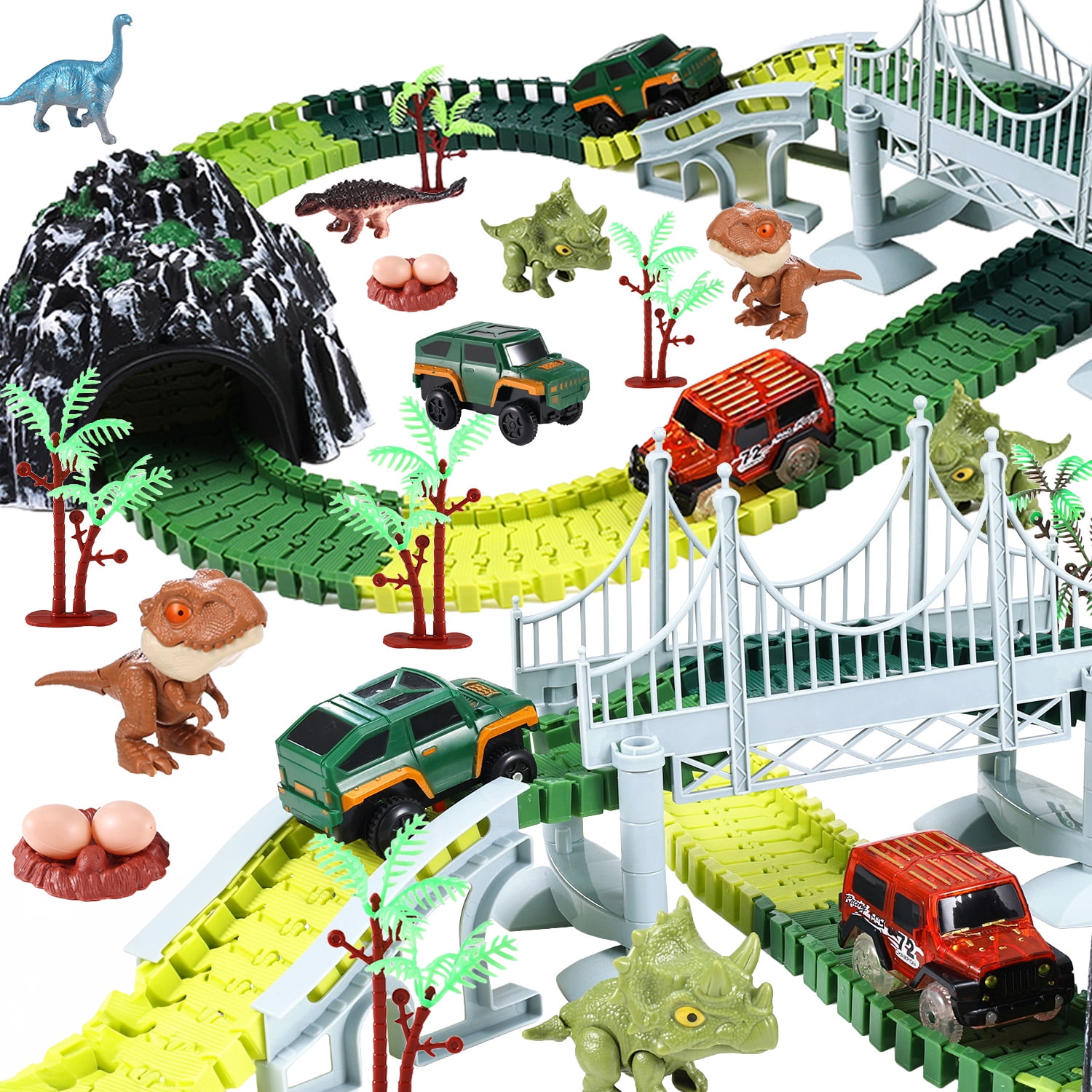 Anpro Dinosaur Race Car Track Set for Boys, 240pcs Flexible Track Playset, Create a Dinosaur World Road Toys for Boys Age 3+