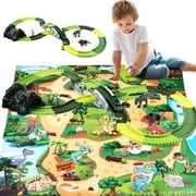 Anpro Dinosaur Toys Race Car Track Set for Kids, 250pcs Race Car Track Set Vehicle Playsets Dinosaur World Road Toys Flexible Track Playset for Boys Age 3+ Best Gift
