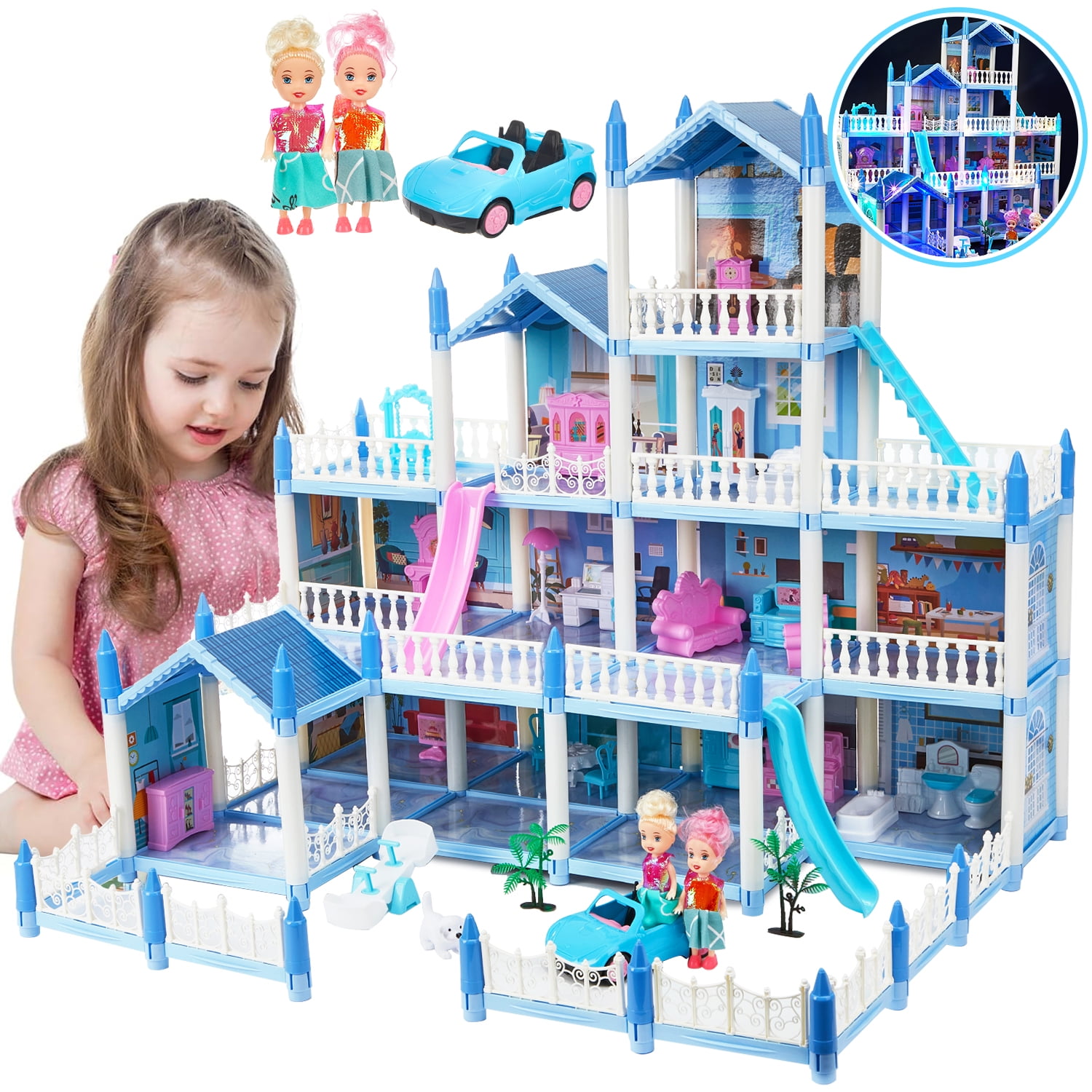 Anpro 4 Stories 14 Rooms Dollhouse for Kids, Princess Dollhouse with Asseccories & Furniture, Pretend Doll House Play Set Toy Age 3+ Toddlers Girls, Blue