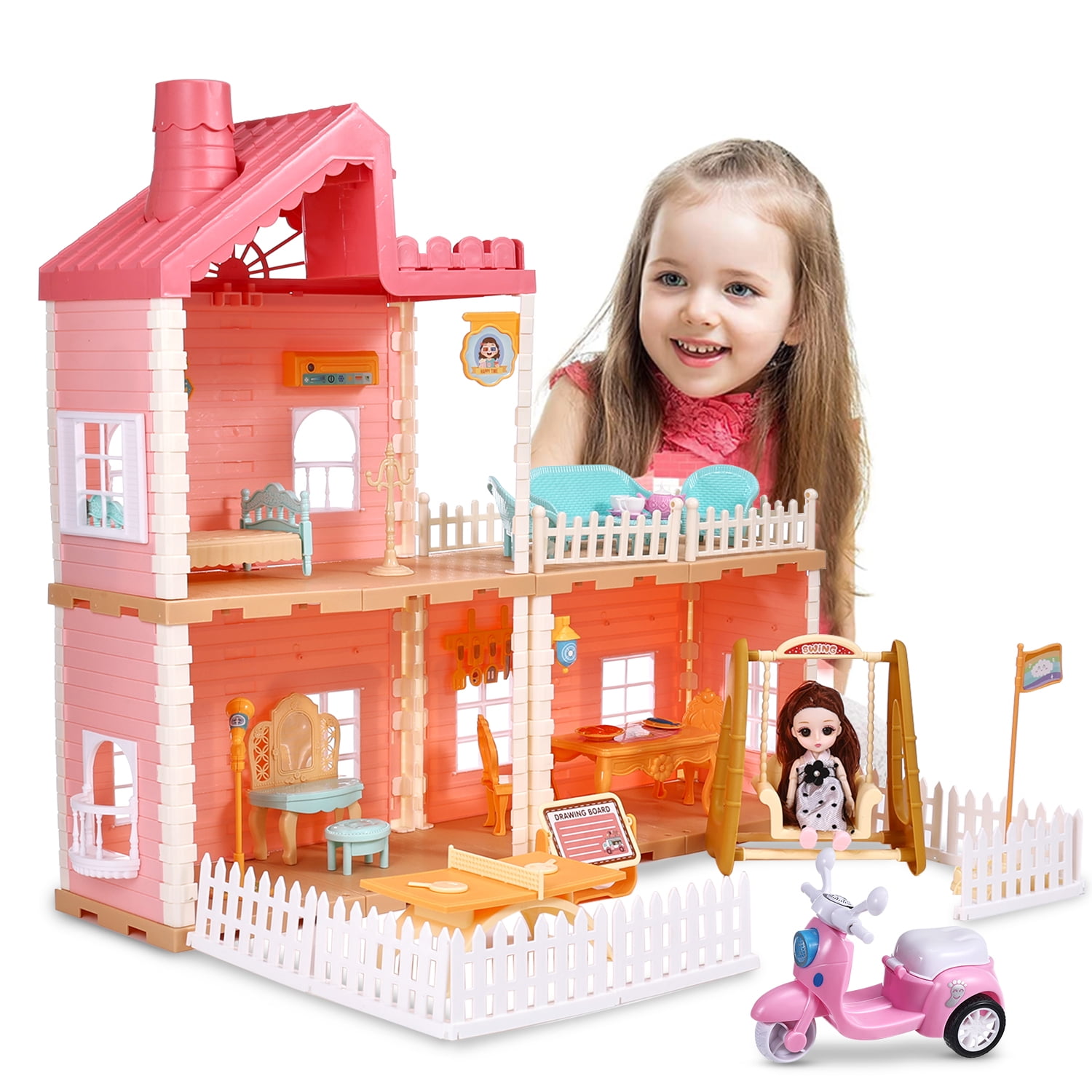 Anpro Dollhouse Pretend Play Set for Girls, 2-Story DIY Dollhouses Play ...