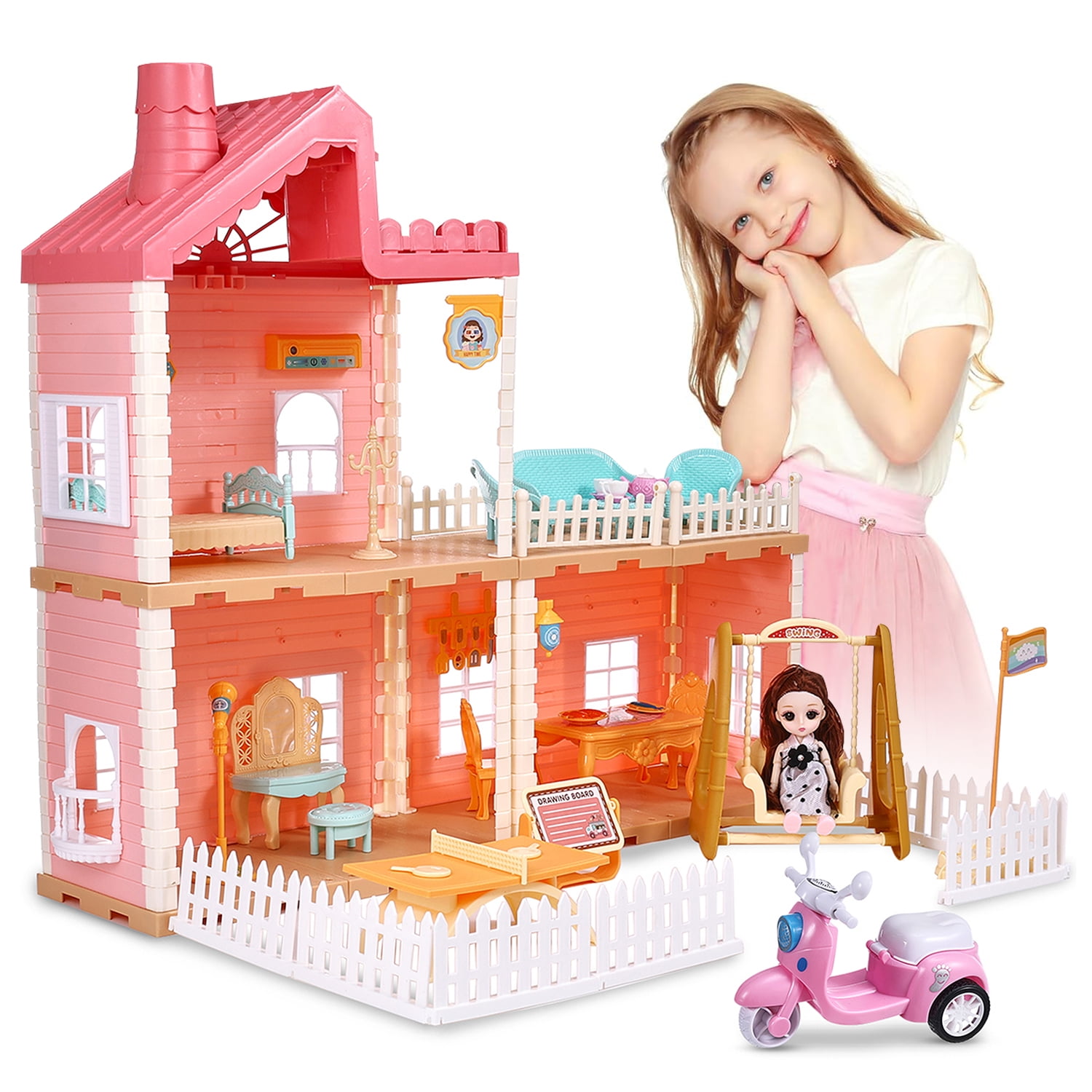 Doll House, Dream House for Girls 3 Stories 7 Rooms Dollhouses with 3 Dolls  Toy Figures, Swim Pool, Slide, Furniture and Accessories, Pretend