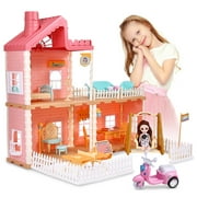 Anpro Dollhouse Pretend Play Set for Girls, 2-Story DIY Dollhouses Dreamhouse Play Set Gift with 3 Rooms Furniture & Accessories and Doll Toy Figure for Toddler Ages 3+ Christmas Gift, Pink