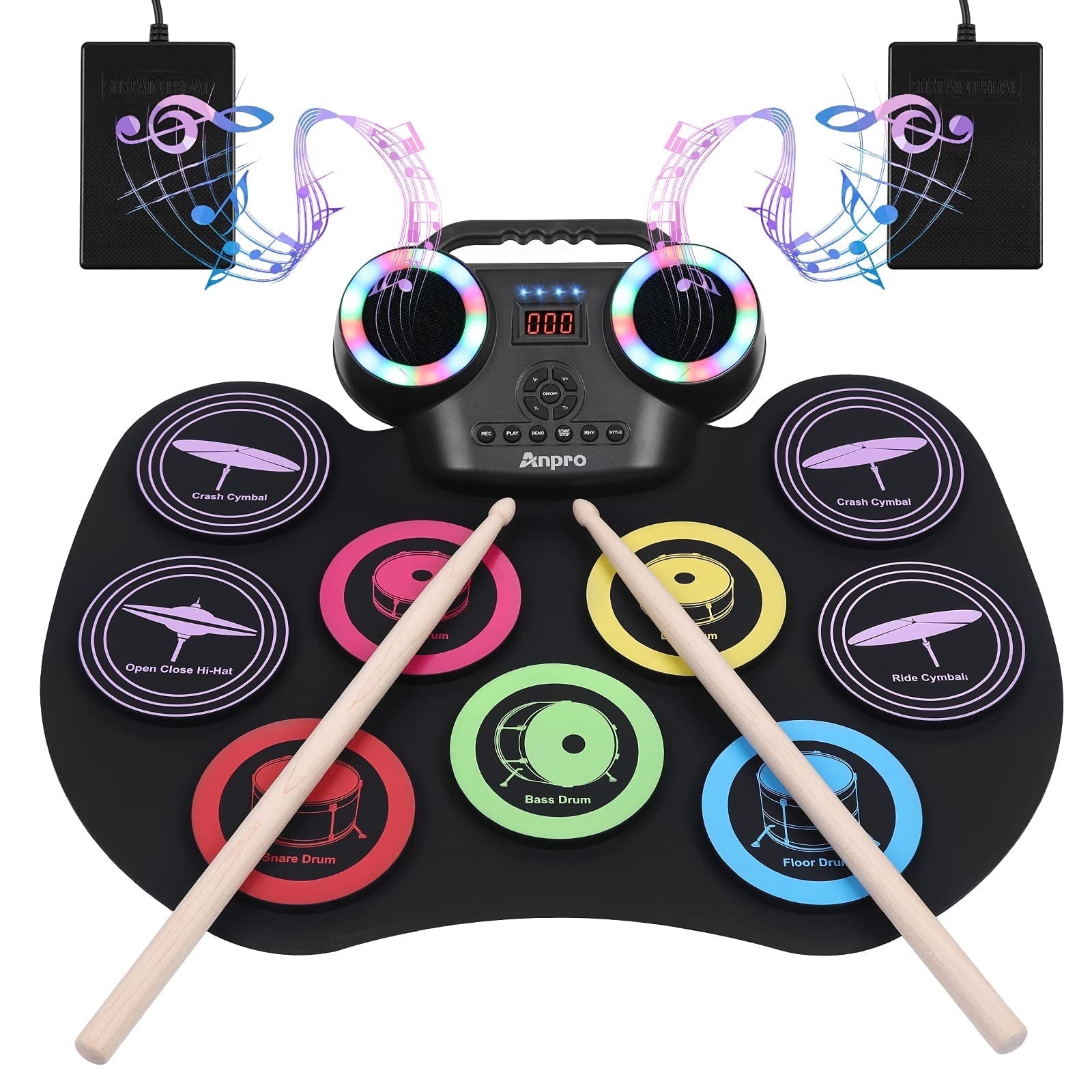 Anpro Electronic Drum Set for Kids Adults, 9 Pads Roll-up Drum Kit with Dual Speakers / Headset Jack /LED Lights / Drumsticks / Foot Pedals,for Beginners