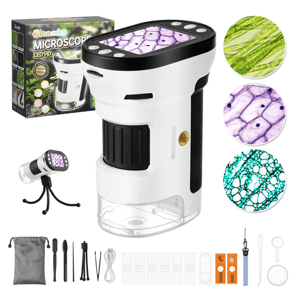 Anpro Handheld Microscope for Kids, 200X - 1000X Portable Pocket Microscope with 2 LCD Screen & Adjustable LED for Kids 8-12, White