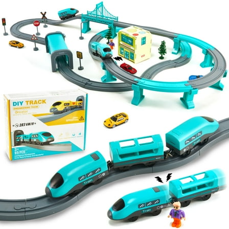 Anpro Kids Train Track Toy Set, 92pcs Electric Train Toys with Cars for 3+ Year Old Toddlers Boys Girls  - City Themed, Blue