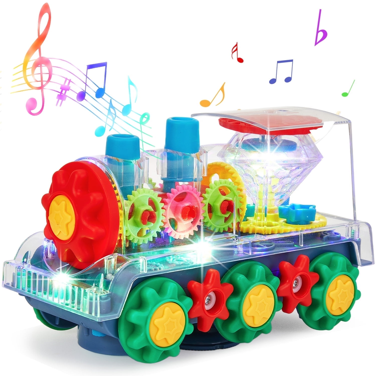 Anpro Electric Gear Train Toy for Kids, Transparent Rotating Mechanical Train Toy with Music, Flashing Light and 360 Rotation, Educational Bump and Go Gear Train Toy Gift for Boys Girls 3+