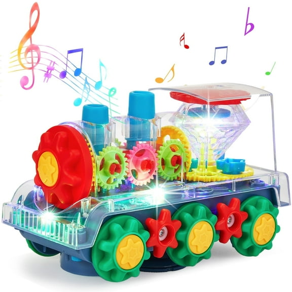 Anpro Electric Gear Train Toy for Kids, Transparent Rotating Mechanical Train Toy with Music, Flashing Light and 360 Rotation, Educational Bump and Go Gear Train Toy Gift for Boys Girls 3+