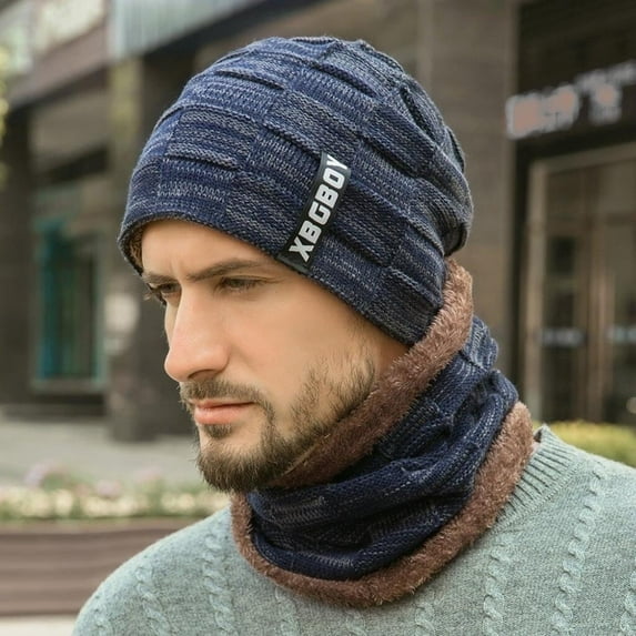 Anpro Men's Beanie Hats, 2 in 1 Knit Winter Hat Scarf Set - Navy Blue