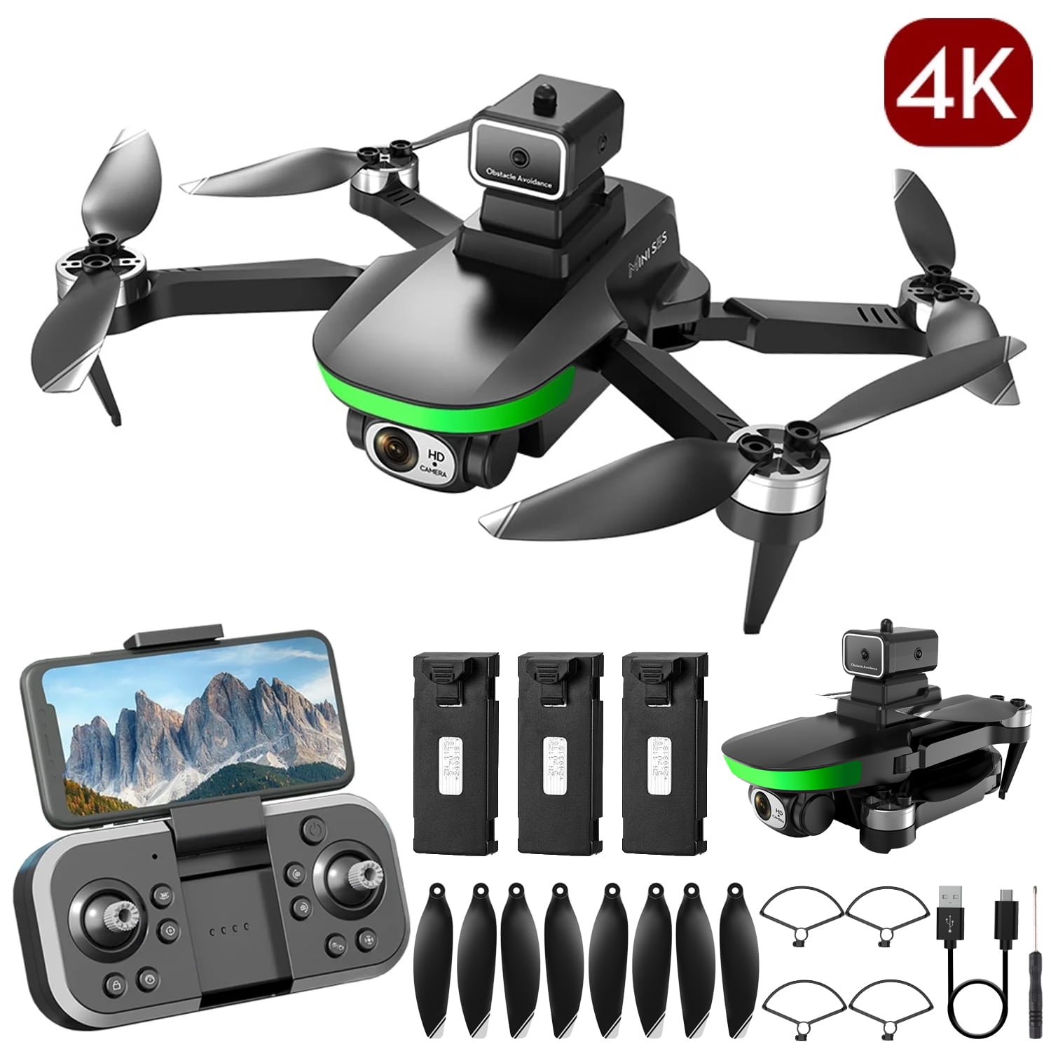 Anpro Mini S5S Drone with Camera for Adults, 4K HD Dual Camera WIFI Live Video Foldable RC Quadcopter with Brushless Motor, 3 Batteries, Black