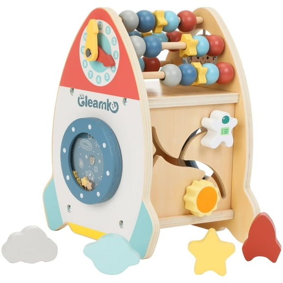 Anpro Montessori Wooden Activity Cube, 7-in-1 Educational Toddler Toy with Abacus, Shape Puzzle, Clock, Maze & More, Ideal Baby Toys for Boys & Girls Birthday Gift