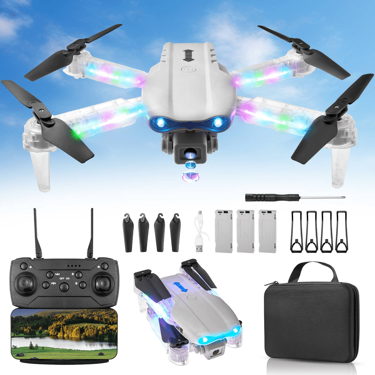 Anpro RC Drone with Dual 1080P HD Camera for Adults and Kids, Fpv Foldable RC Quadcopter with 90 Adjustable Lens, Coloeful LED Lights, Gestures Selfie, 360 Flips, 3 Batteries, Gray