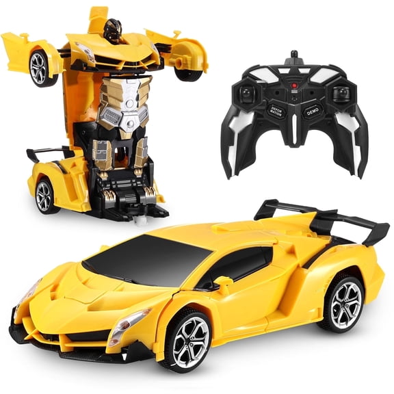Anpro RC Transform Car Toy, 2.4Ghz Remote Control Transform Car Robot Toy, 1:18 Scale One-Button Deformation Race Car Toys for Boys Girls Ages 4-12, Yellow