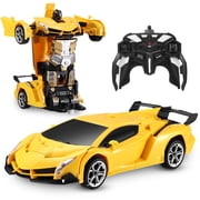 Anpro RC Transform Car Toy, 2.4Ghz Remote Control Transform Car Robot Toy, 118 Scale One-Button Deformation Race Car Toys for Boys Girls Ages 4-12, Yellow