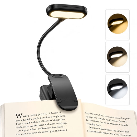 Book Light, Rechargeable Clip-On Reading Lights for Books, 3 Color Temperatures & 3 Brightness Levels, 40H Battery, Flexible Gooseneck, Reading Lights for Books in Bed