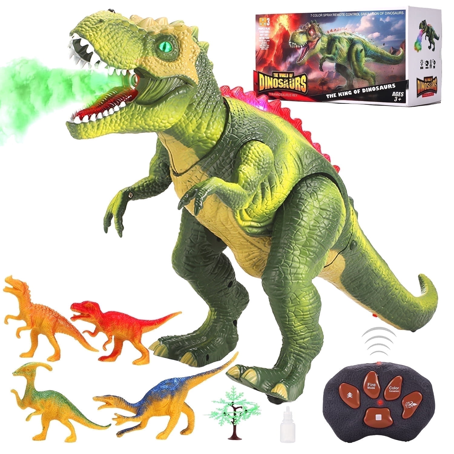 Anpro Remote Control Dinosaur Toy for Kids, Big T-Rex with Light up & Spray, Roar Walking Dinosaur Toy Gift for Age 3+ Toddlers Boys Girls, Green