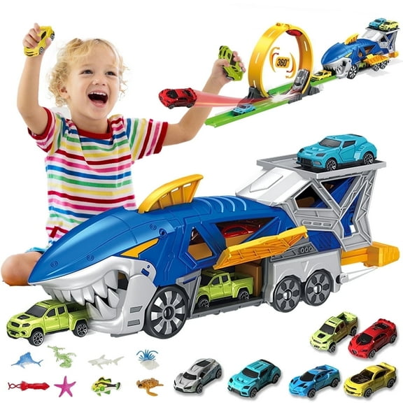 Anpro Shark Carrier Truck Toys for Kids, Transport Trucks Race Track Set with Loop Track, 6 Race Cars, 8 Animal Ornaments, Racing Car Toys Gift for Boy Girl 3+